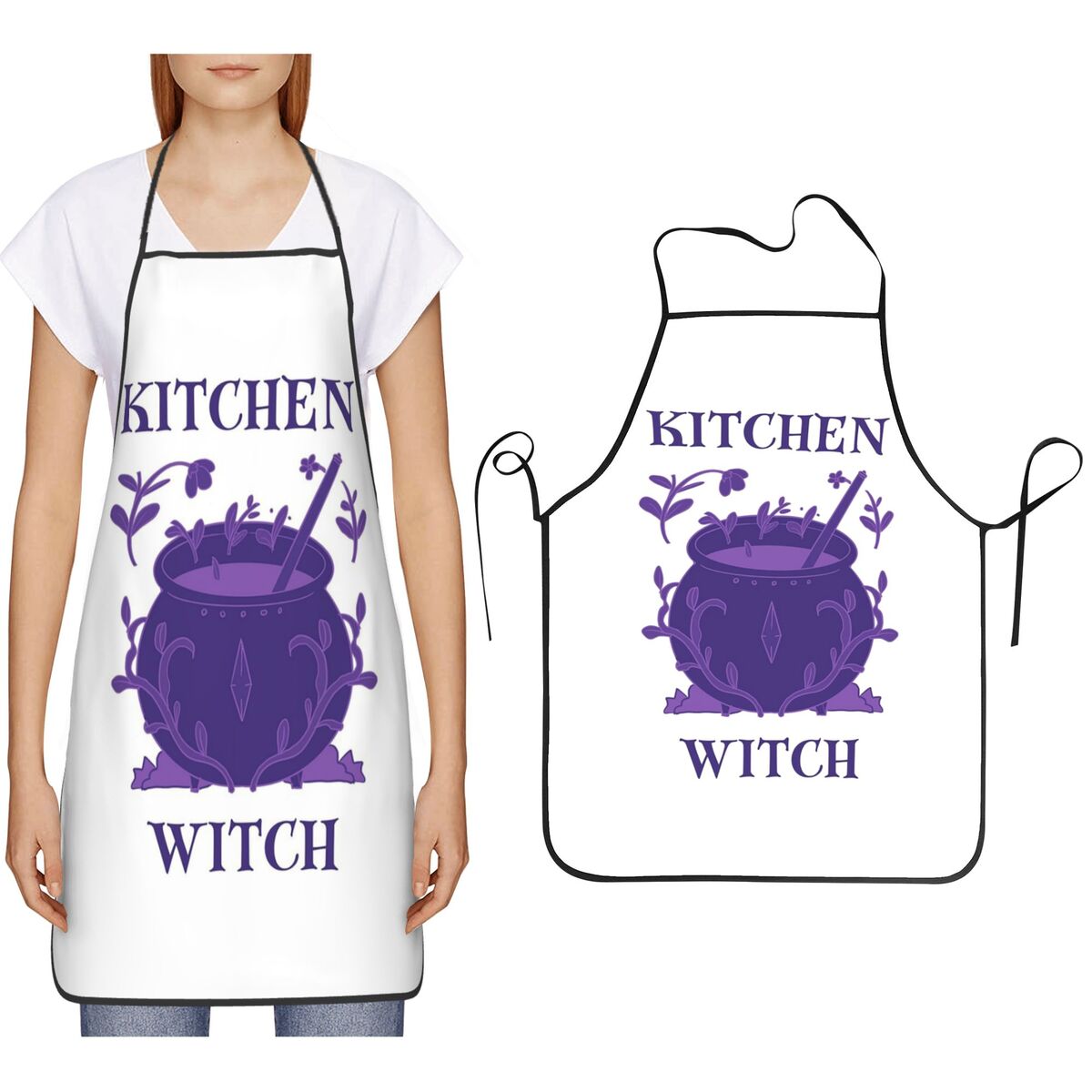 Kitchen Witch Baking - ผ้ากันเปื้อนครัวสีม่วงลายครูครัว สำหรับเชฟทำอาหาร อบขนม ทำความสะอาดครัว เหมาะสำหรับผู้หญิง ผู้ชาย